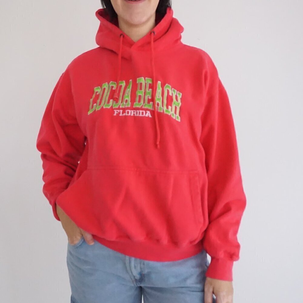 Vintage ESY Ink Fuchsia w Lime Cocoa Beach Florida Travel Hoodie Sweatshirt L